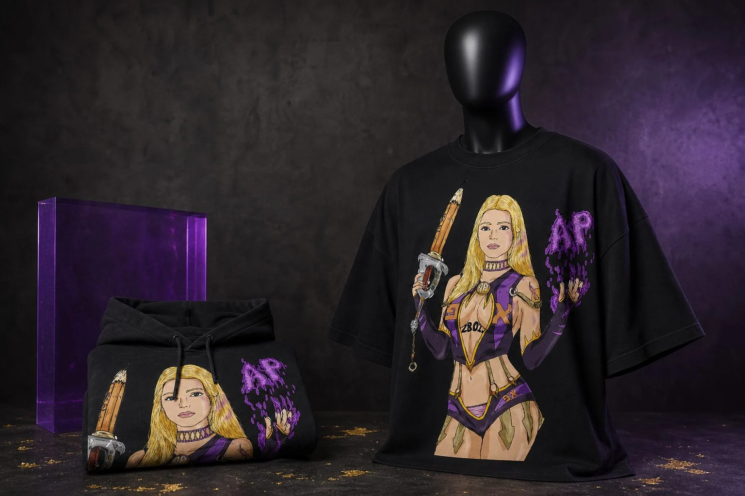 Avishay's artwork printed on black streetwear