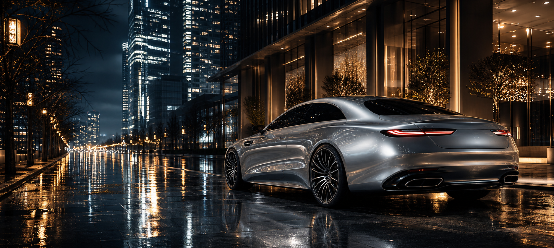 Silver luxury coupe on a rain-lit city boulevard