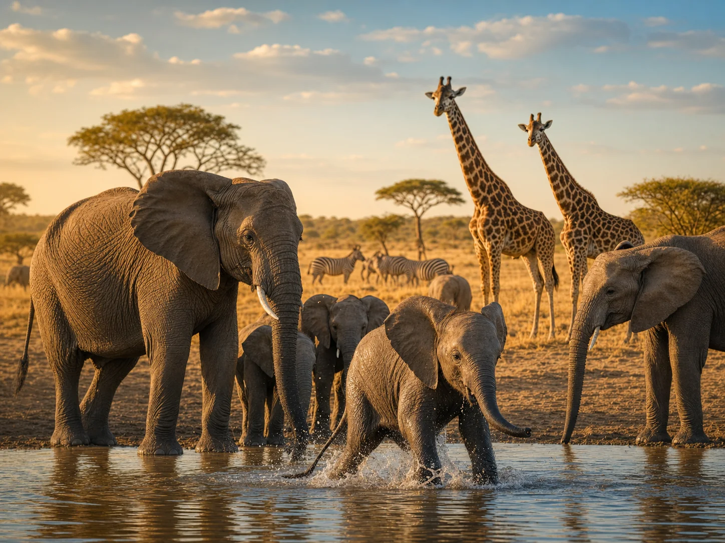 African elephant family, giraffes and zebras at a watering hole